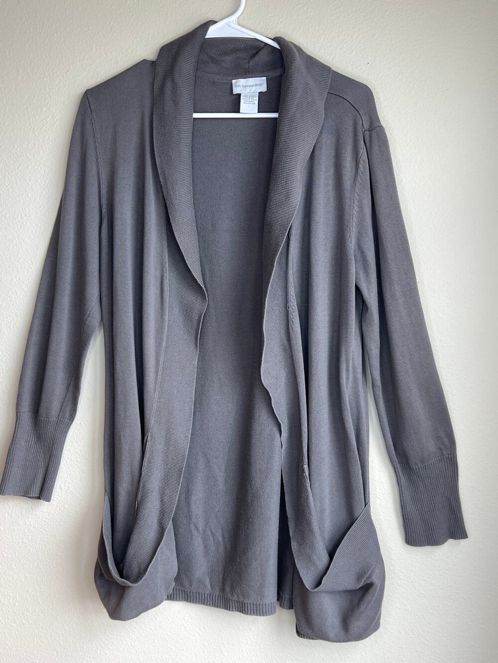 Soft Surroundings Large Gray Cotton Modal Open Front Cardigan Sweater Pocket